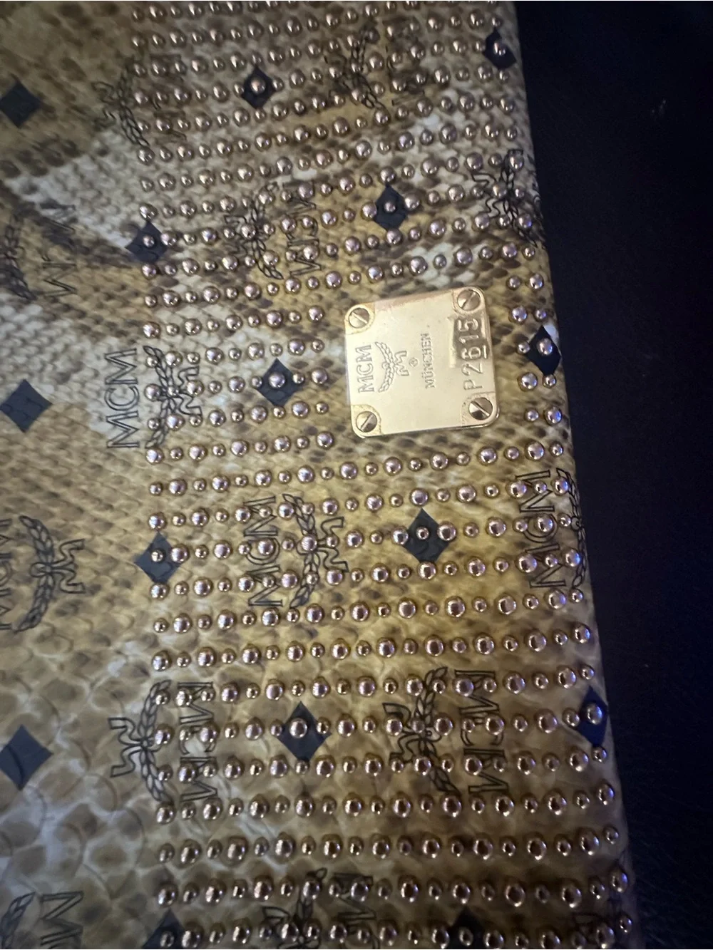 MCM Gold Snakeskin-Print Studded Logo Wristlet Clutch with Black Trim 14.5 x10.5